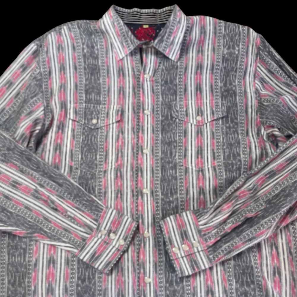 Skully Aztec Southwestern Shirt Mens XL Pearl Snap Gray Pink Striped Cowboy - Picture 5 of 10